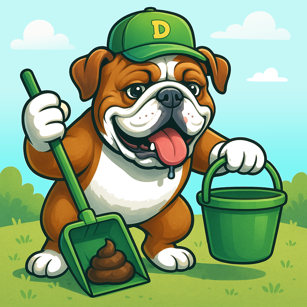 Cartoon bulldog mascot holding a pooper scooper and bucket, symbolizing affordable dog waste removal services.