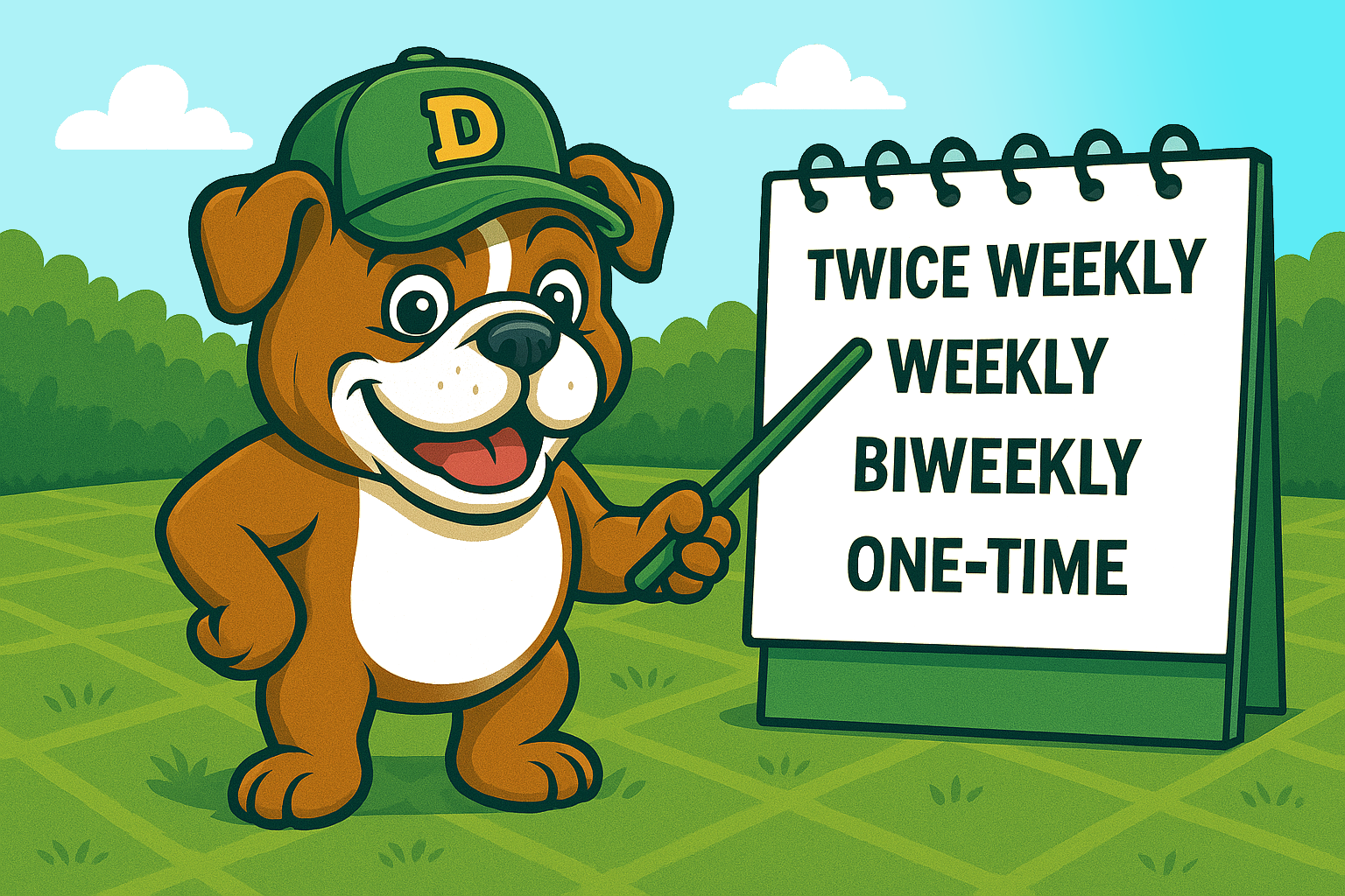 Cartoon bulldog mascot pointing to a schedule board listing flexible poop scooping service options.