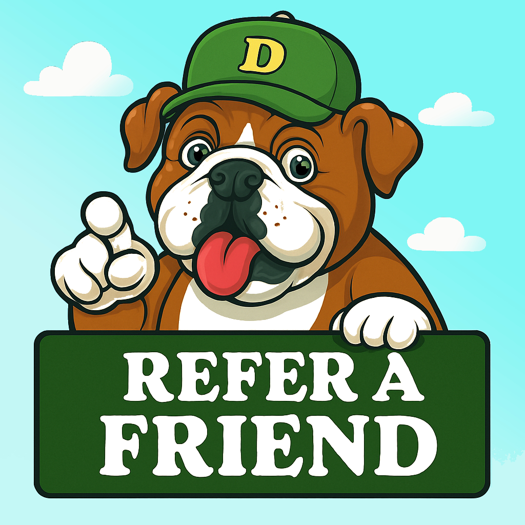 Cartoon bulldog mascot in a green cap smiling and pointing over a “Refer a Friend” sign with a sky-blue background and clouds.