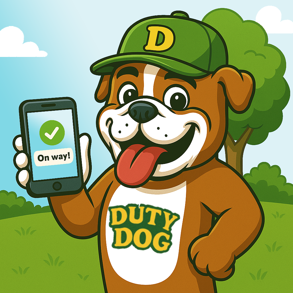 Cartoon bulldog mascot holding a smartphone that displays “On way!” while smiling in a sunny park, wearing a green Duty Dog cap and shirt.