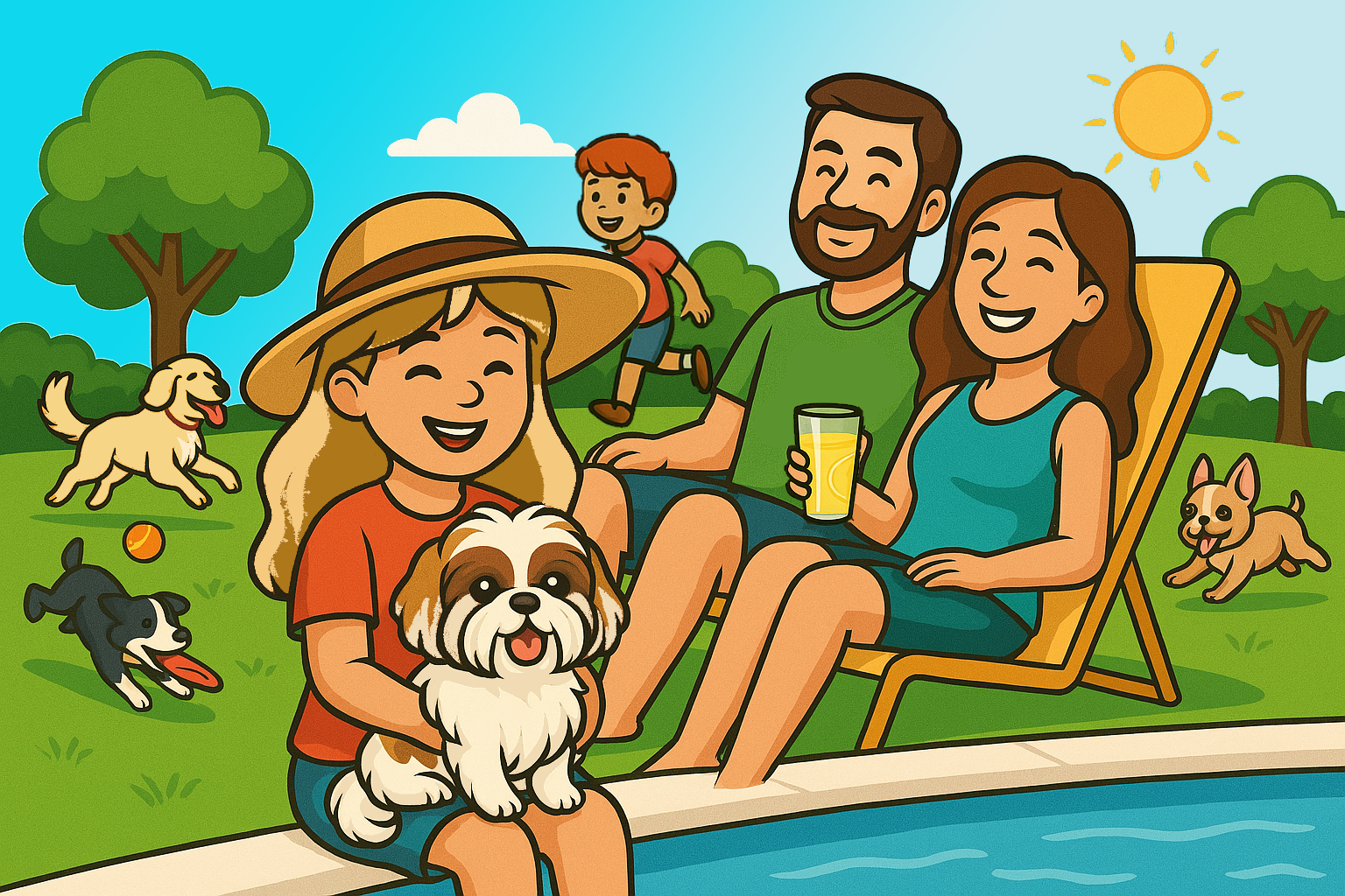 Family enjoying a clean backyard by the pool with pets and children, thanks to Duty Dog’s dependable pooper scooper service