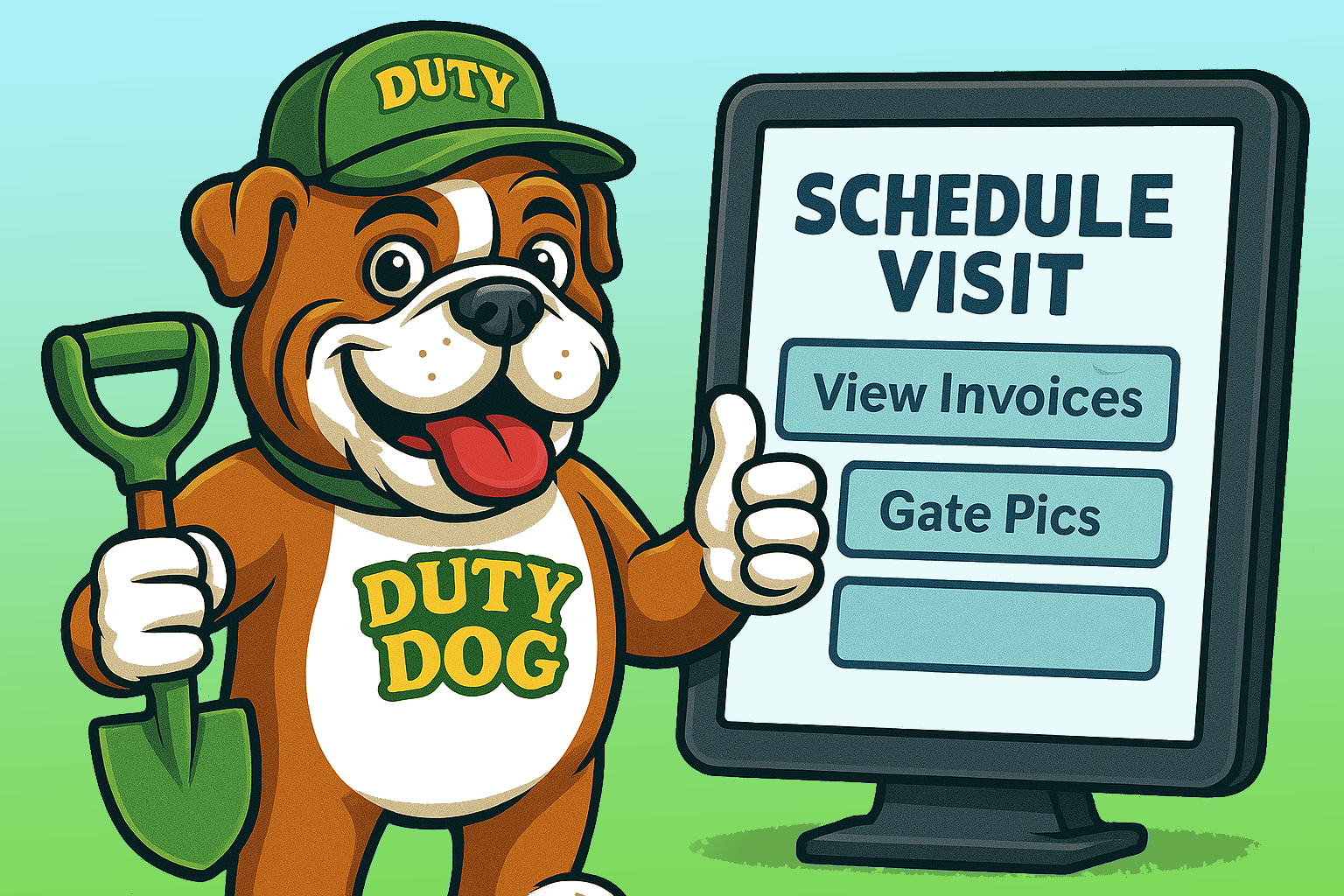 Duty Dog pooper scooper mascot promoting an easy-to-use client portal for scheduling visits, viewing invoices, and accessing gate photos
