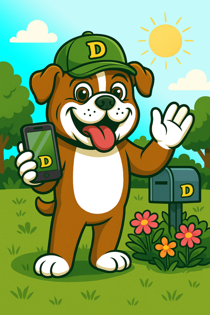 Cheerful Duty Dog mascot waving with a cellphone near a mailbox on a sunny day, promoting pooper scooper contact page.