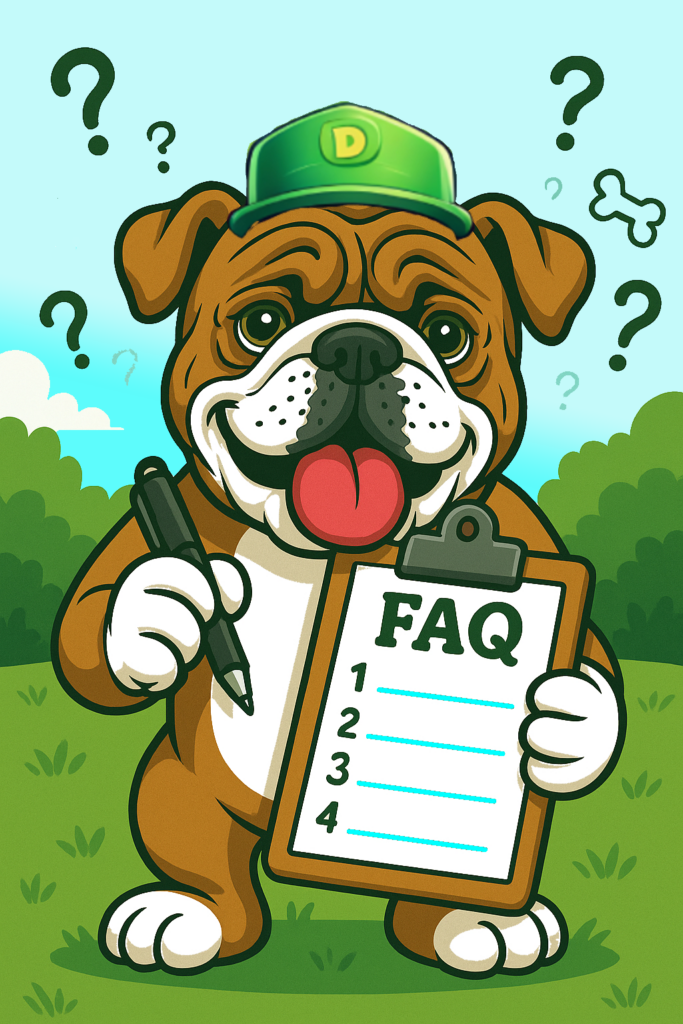 Duty Dog mascot holding a clipboard with FAQ, surrounded by fun question mark and bone doodles for the pooper scooper FAQ page.
