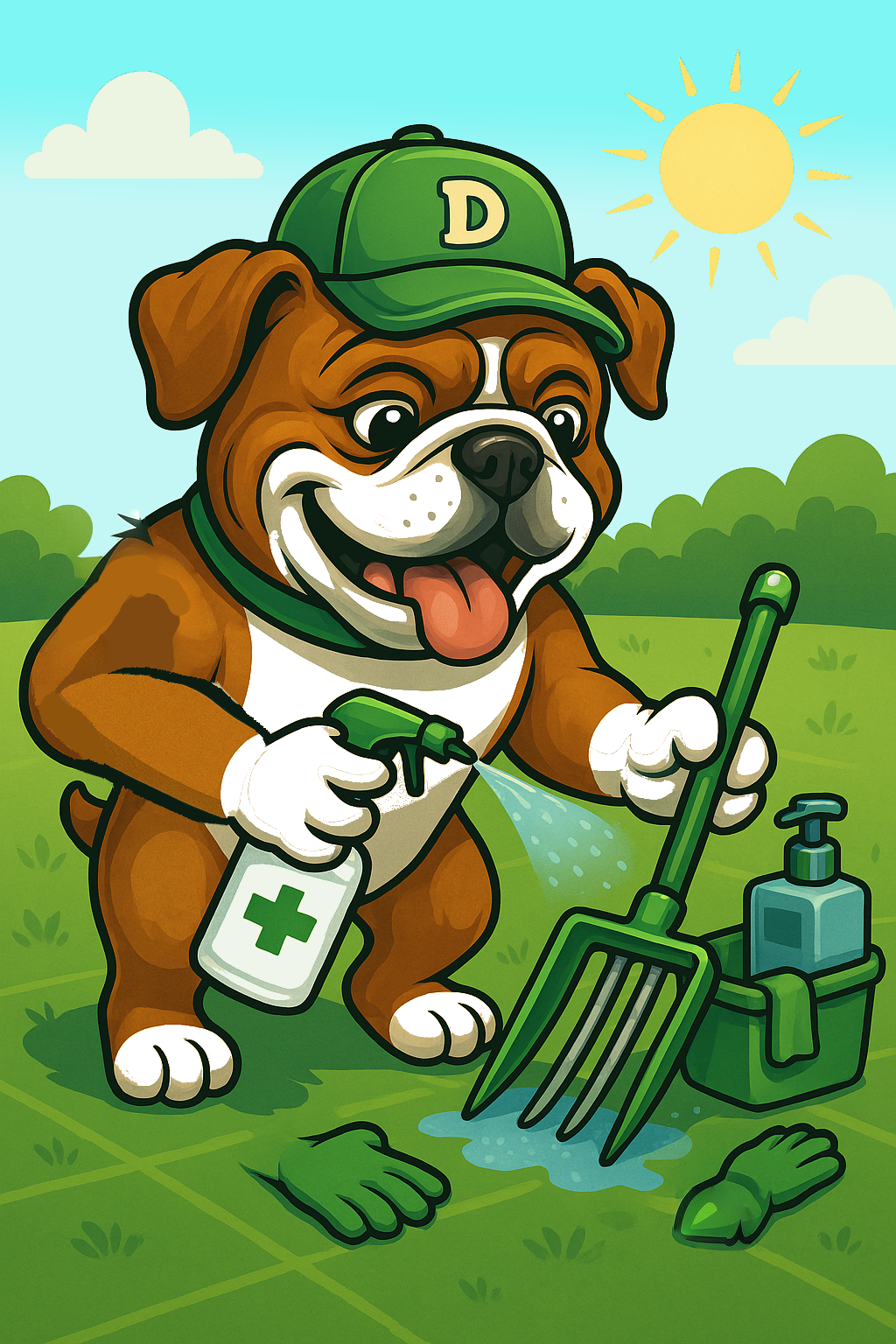 Duty Dog pooper scooper mascot disinfecting tools and shoes after cleanup to prevent the spread of germs and protect families and pets