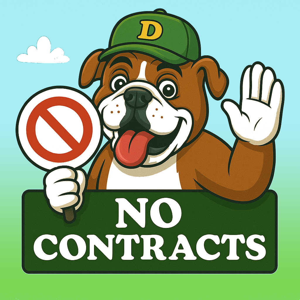 Friendly cartoon dog holding a no symbol beside a sign that says No Contracts, representing Duty Dog’s flexible pooper scooper service with no long-term commitment