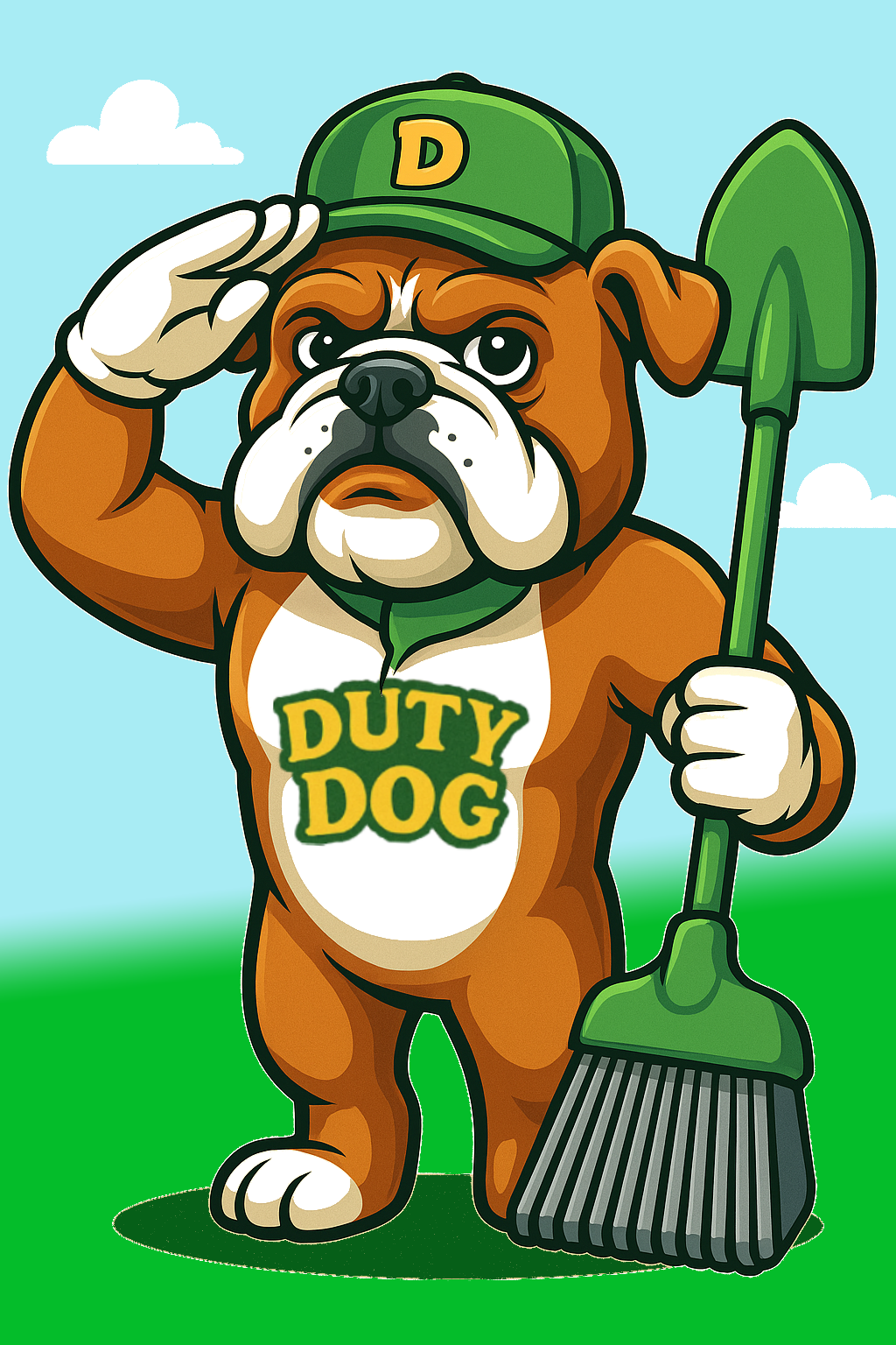 Duty Dog pooper scooper mascot standing tall with a serious salute and tool in hand, symbolizing professional and reliable service