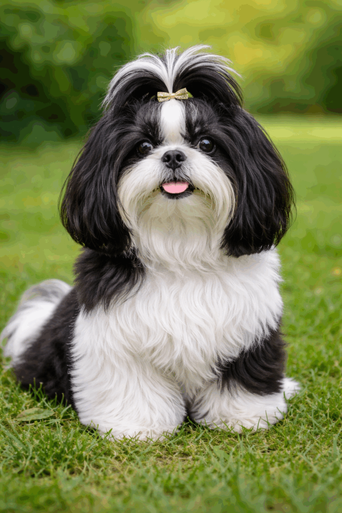 Black and white Shih Tzu sitting on grass with long fluffy coat and expressive face